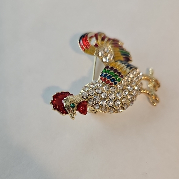 Colorful Enamel & Rhinestone Rooster Brooch - Picture 2 of 4